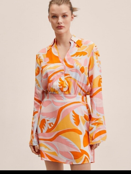 Mango Dresses & Skirts - MANGO RETRO SWIRL PRINT MINI SHIRT DRESS PINK ORANGE CREAM PSYCHEDELIC 70S 8